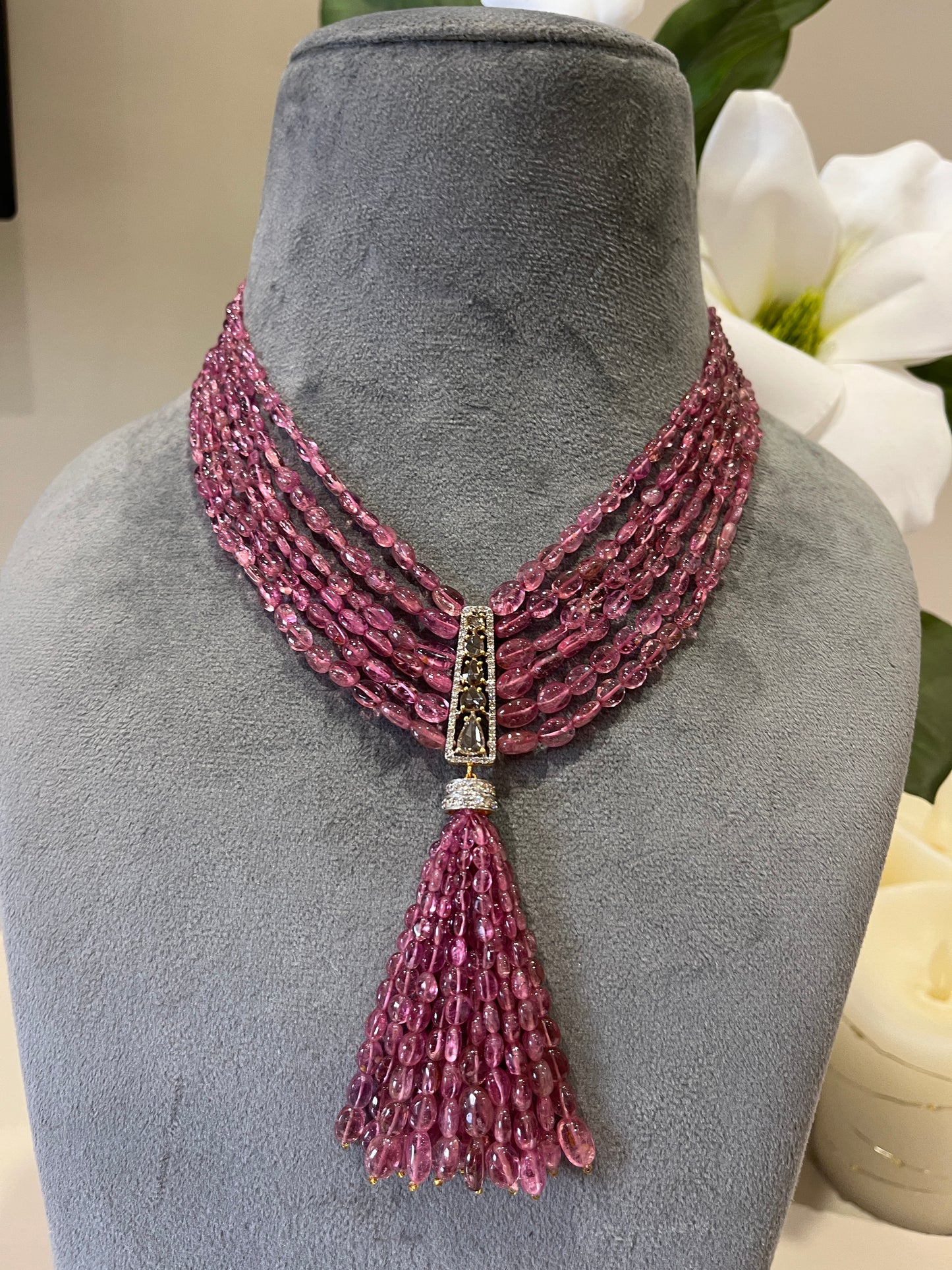14K Gold Pink Tourmaline & Diamond Beaded Tassel Necklace