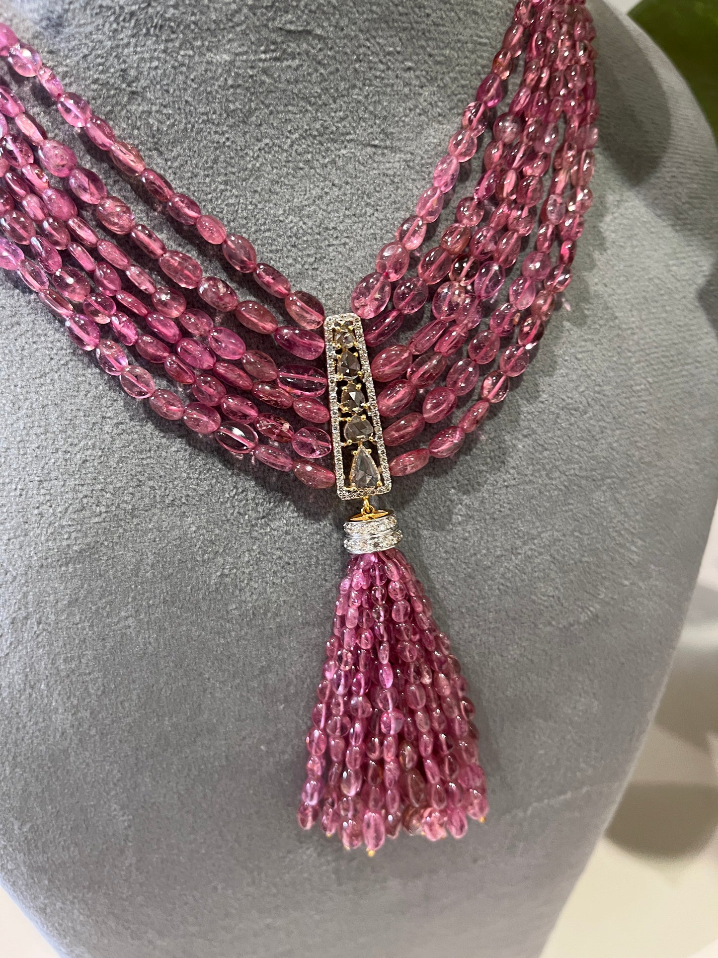 14K Gold Pink Tourmaline & Diamond Beaded Tassel Necklace