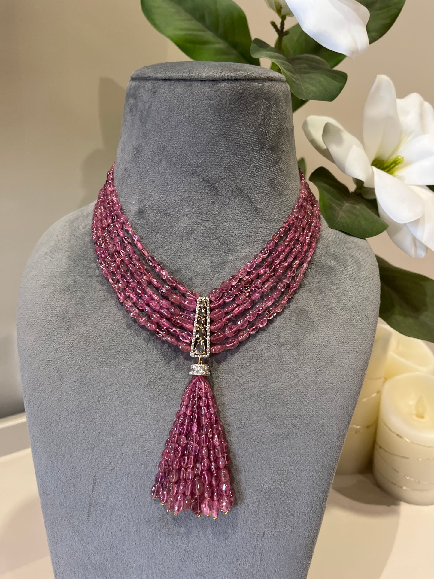 14K Gold Pink Tourmaline & Diamond Beaded Tassel Necklace