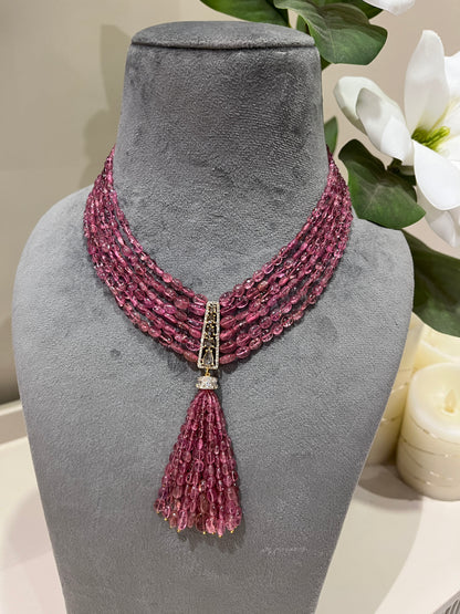 14K Gold Pink Tourmaline & Diamond Beaded Tassel Necklace
