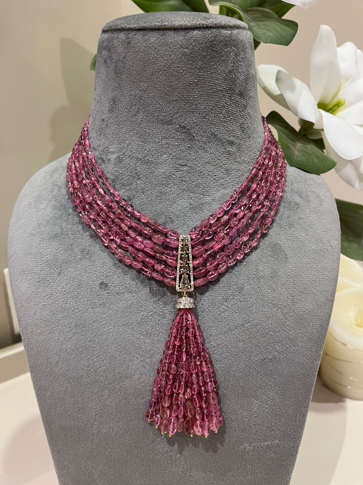 14K Gold Pink Tourmaline & Diamond Beaded Tassel Necklace
