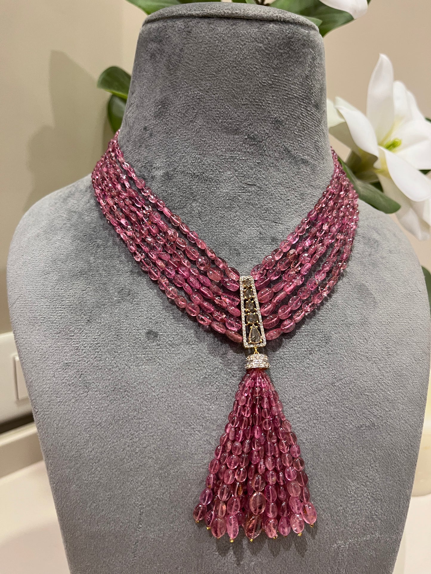 14K Gold Pink Tourmaline & Diamond Beaded Tassel Necklace