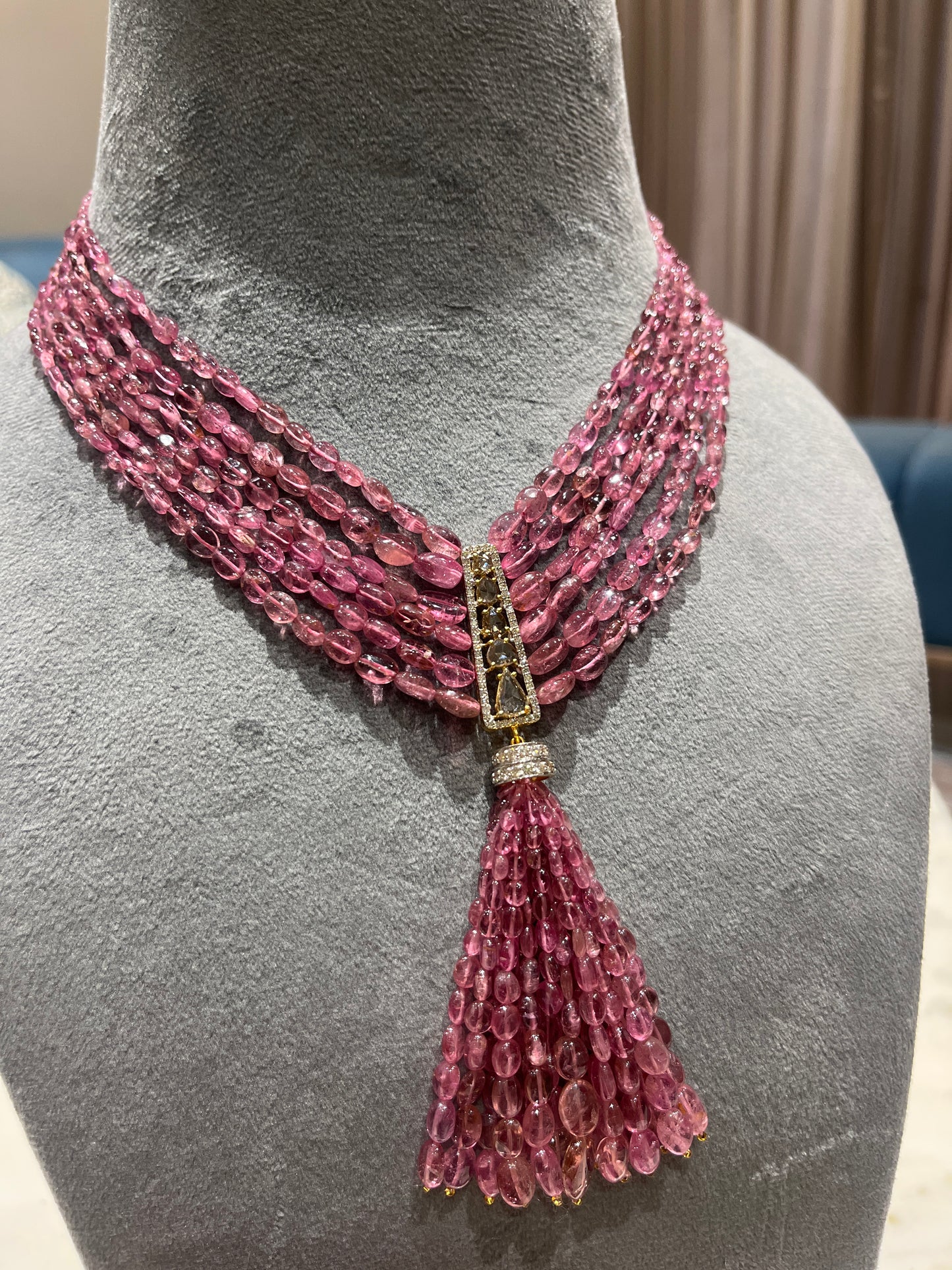 14K Gold Pink Tourmaline & Diamond Beaded Tassel Necklace