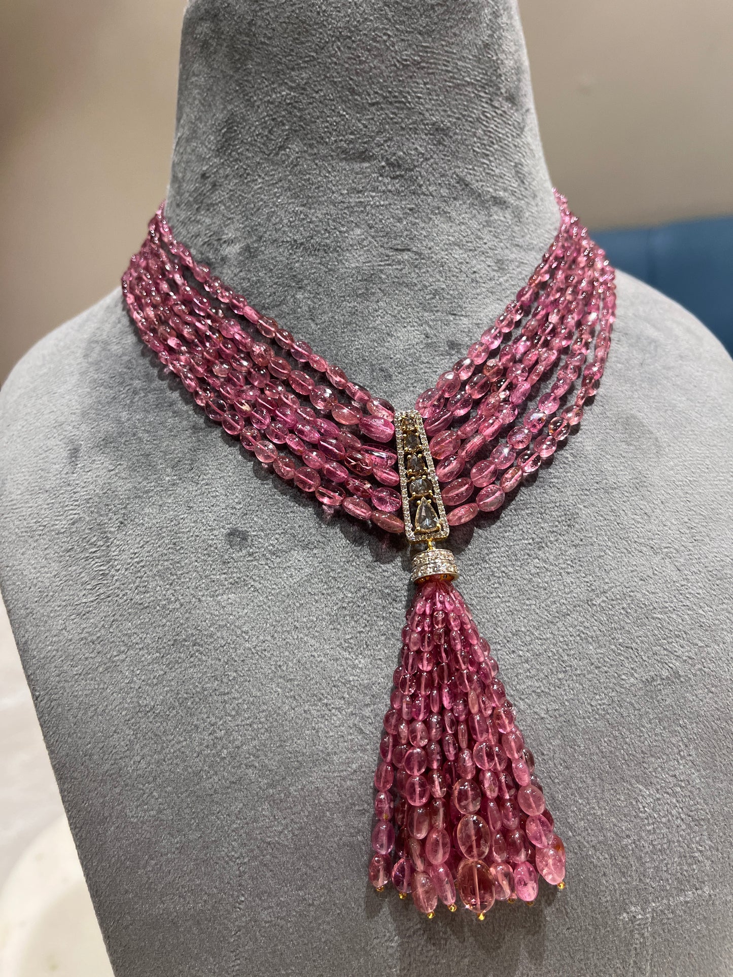 14K Gold Pink Tourmaline & Diamond Beaded Tassel Necklace