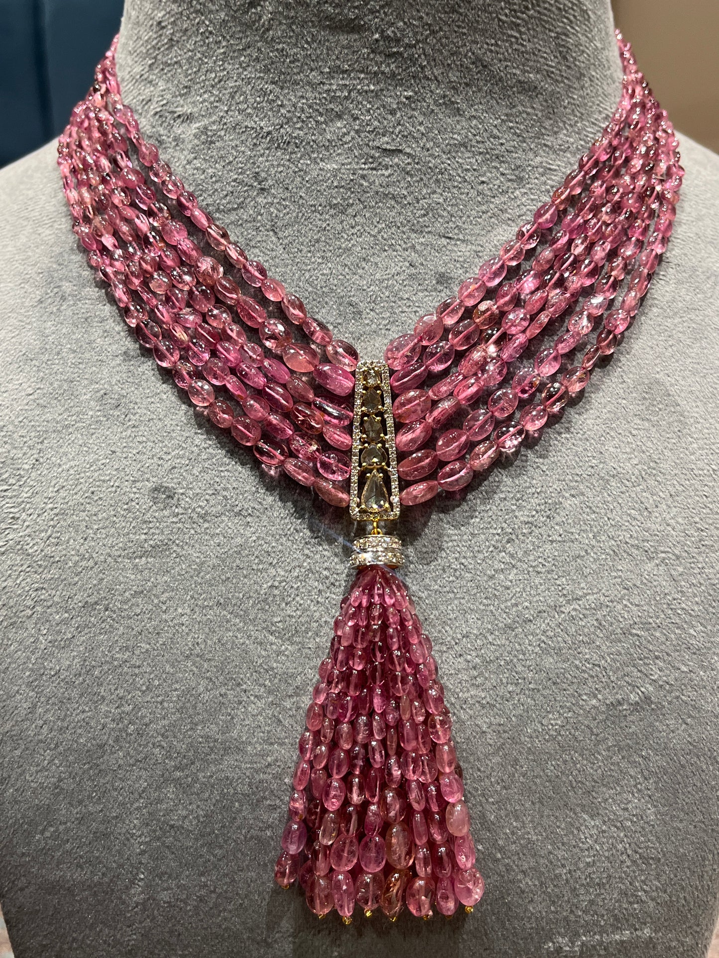 14K Gold Pink Tourmaline & Diamond Beaded Tassel Necklace