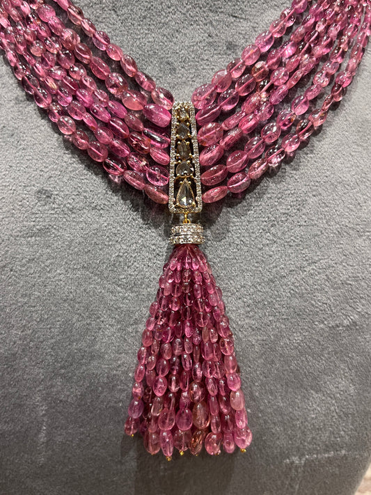 14K Gold Pink Tourmaline & Diamond Beaded Tassel Necklace