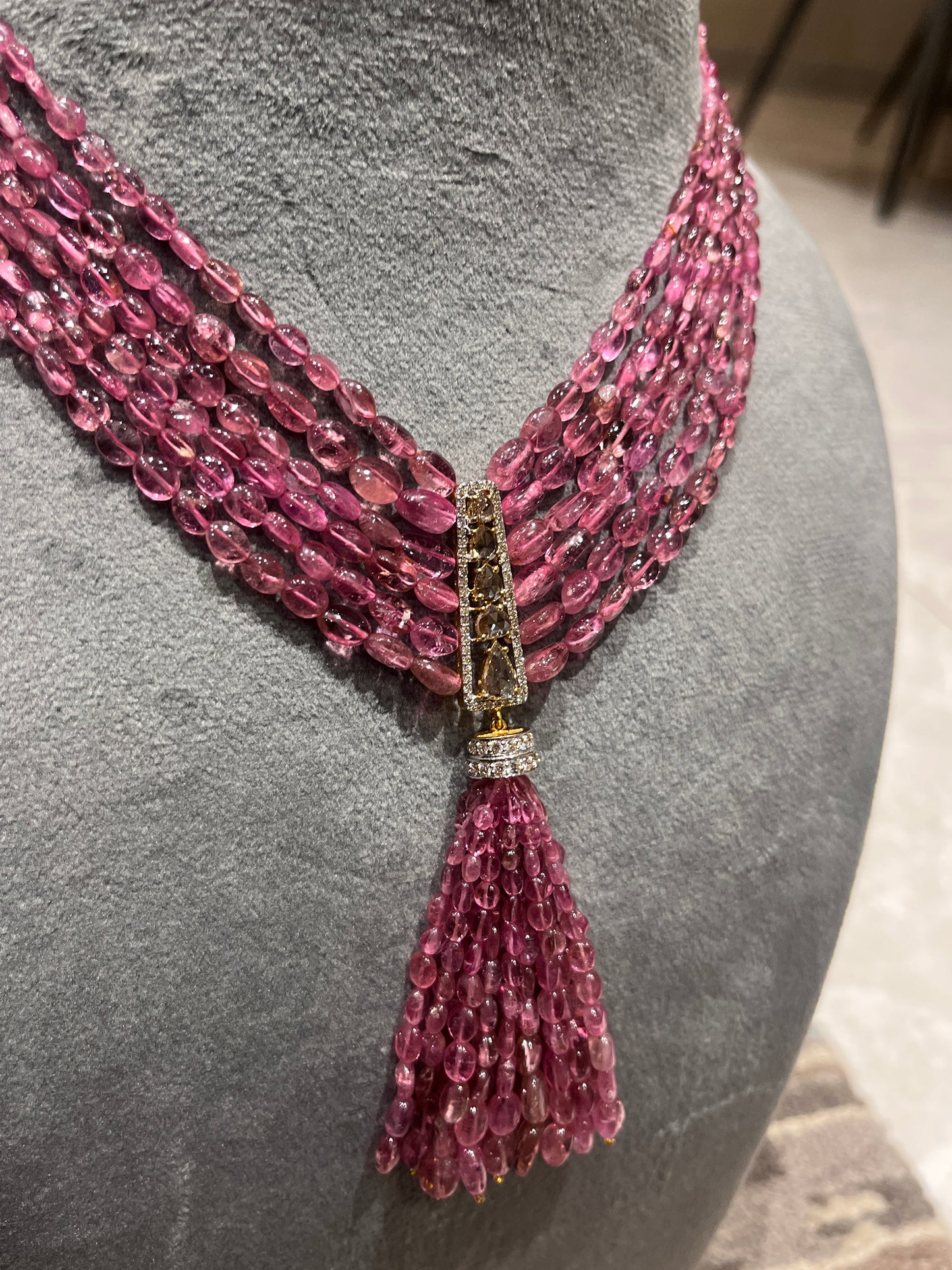 14K Gold Pink Tourmaline & Diamond Beaded Tassel Necklace