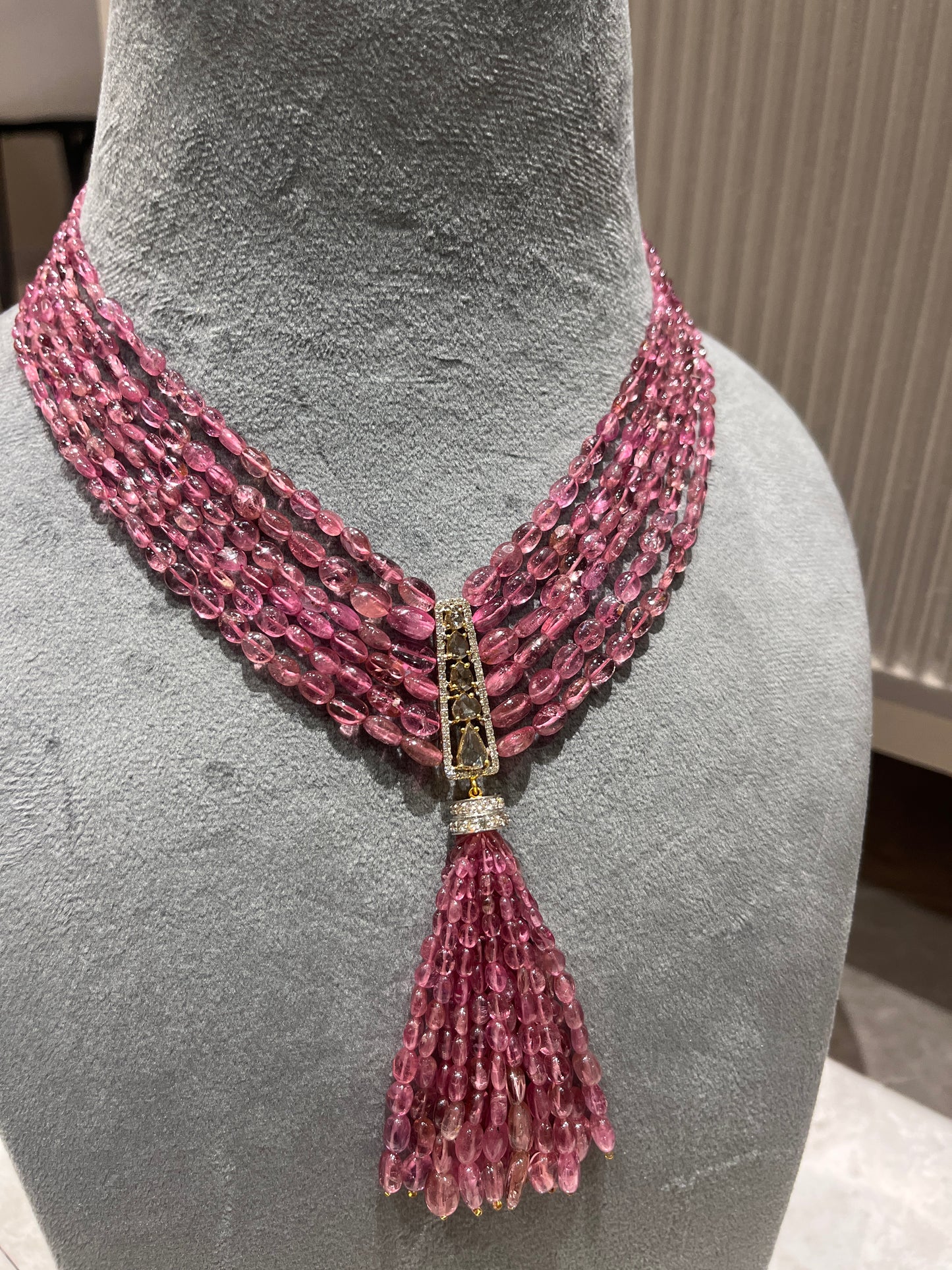 14K Gold Pink Tourmaline & Diamond Beaded Tassel Necklace