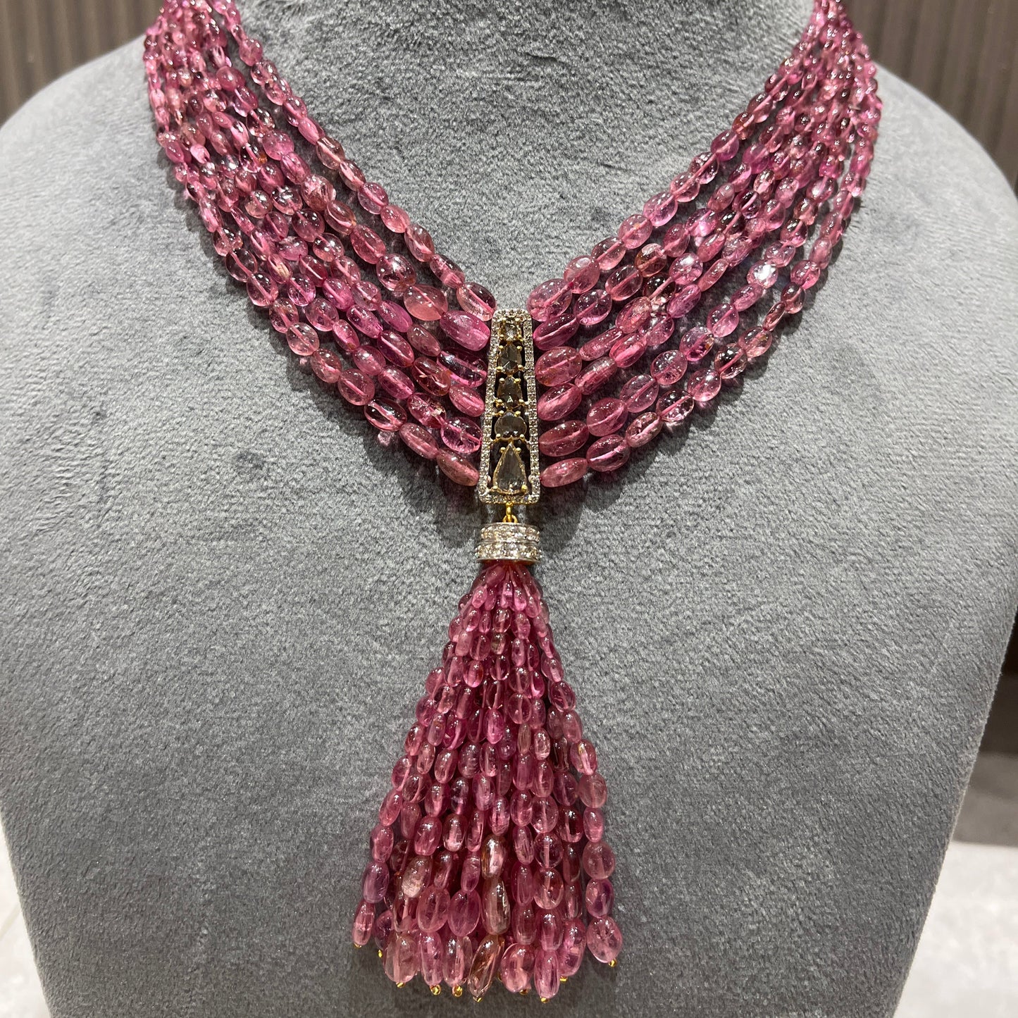 14K Gold Pink Tourmaline & Diamond Beaded Tassel Necklace