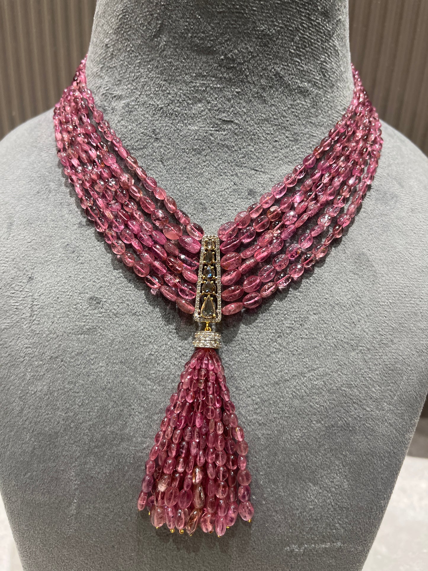 14K Gold Pink Tourmaline & Diamond Beaded Tassel Necklace