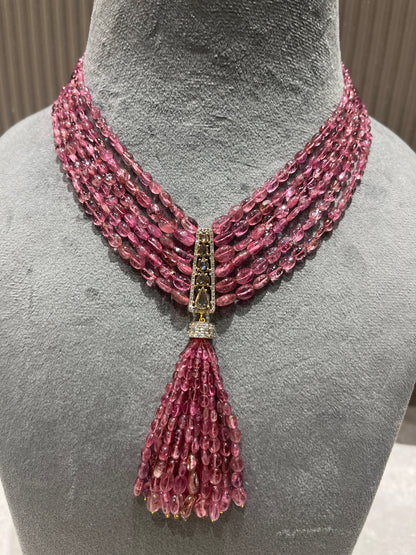 14K Gold Pink Tourmaline & Diamond Beaded Tassel Necklace