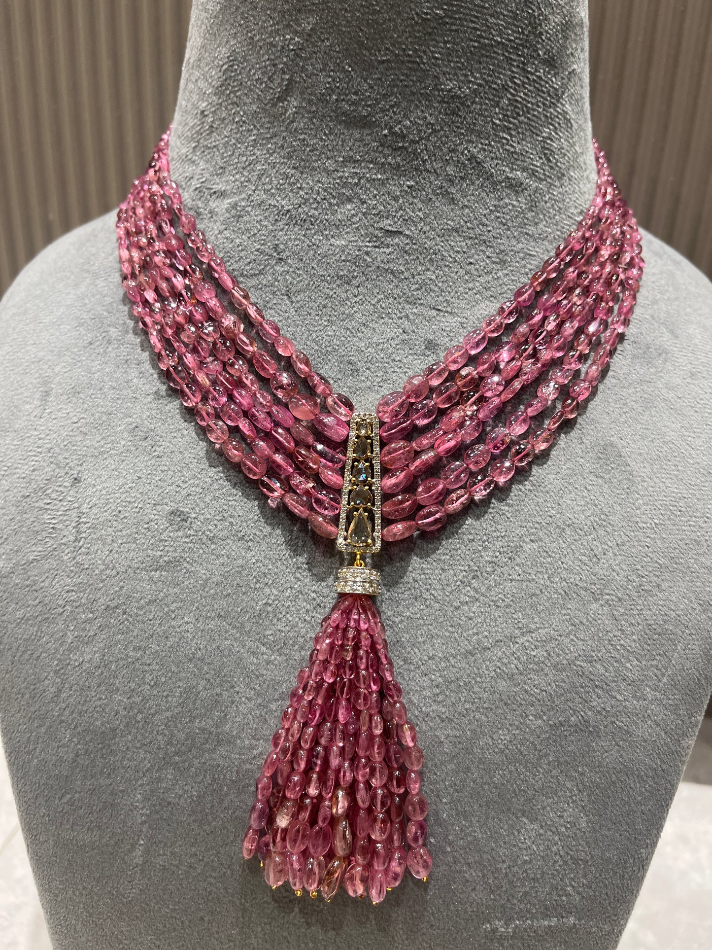 14K Gold Pink Tourmaline & Diamond Beaded Tassel Necklace