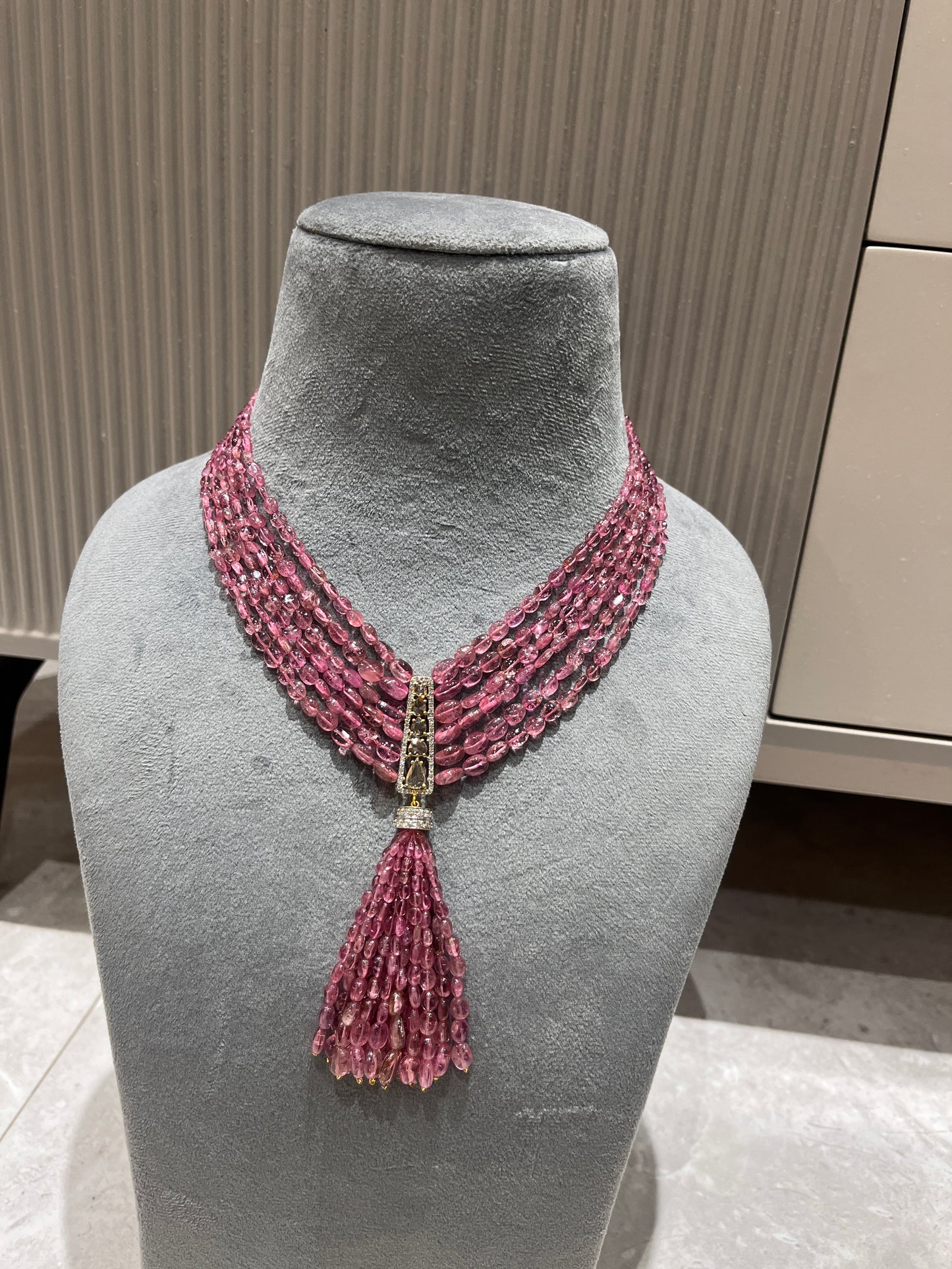 14K Gold Pink Tourmaline & Diamond Beaded Tassel Necklace