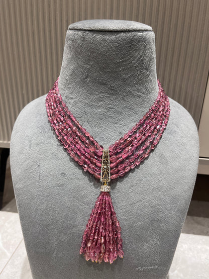 14K Gold Pink Tourmaline & Diamond Beaded Tassel Necklace