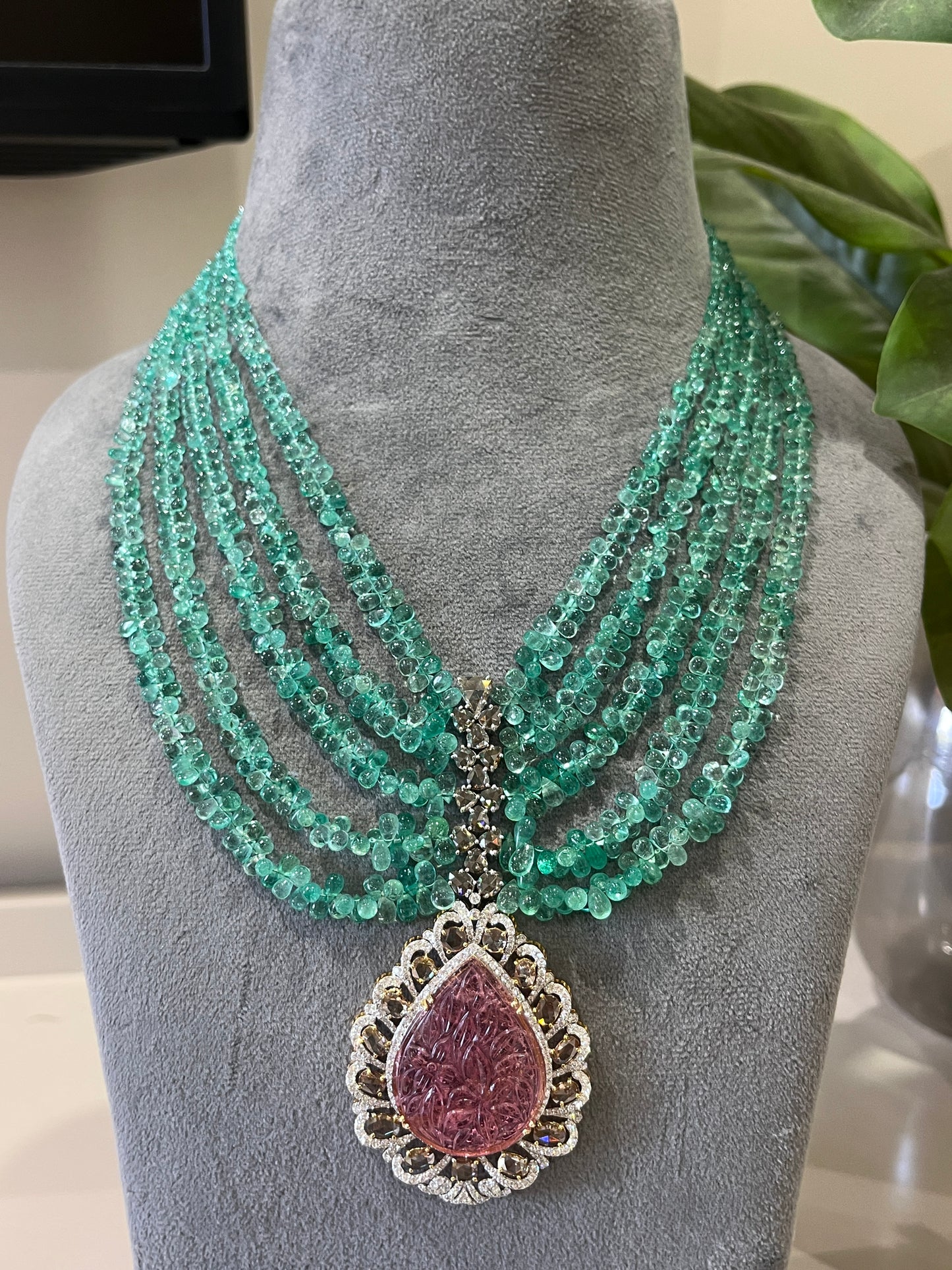 14K Gold Colombian Emerald, Tourmaline & Diamond Beaded Necklace