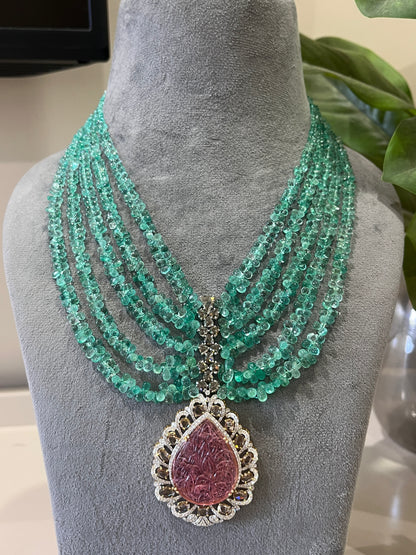 14K Gold Colombian Emerald, Tourmaline & Diamond Beaded Necklace