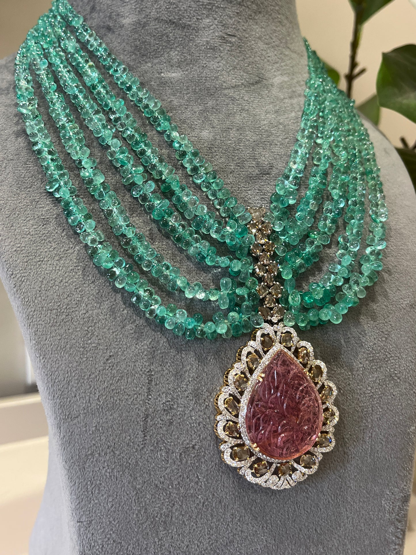 14K Gold Colombian Emerald, Tourmaline & Diamond Beaded Necklace