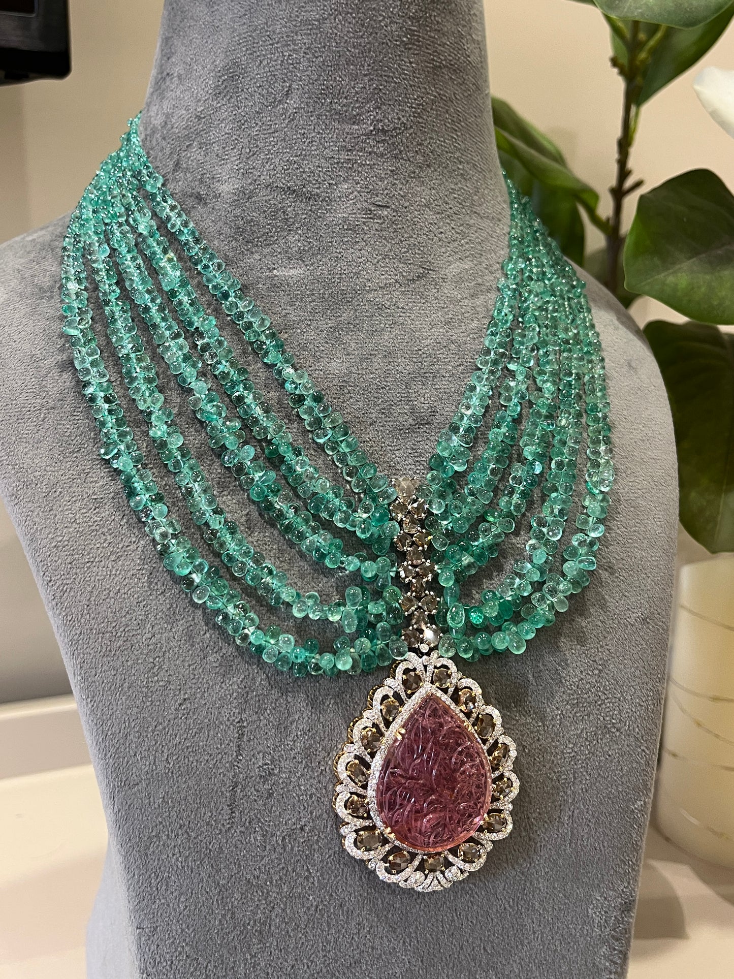 14K Gold Colombian Emerald, Tourmaline & Diamond Beaded Necklace