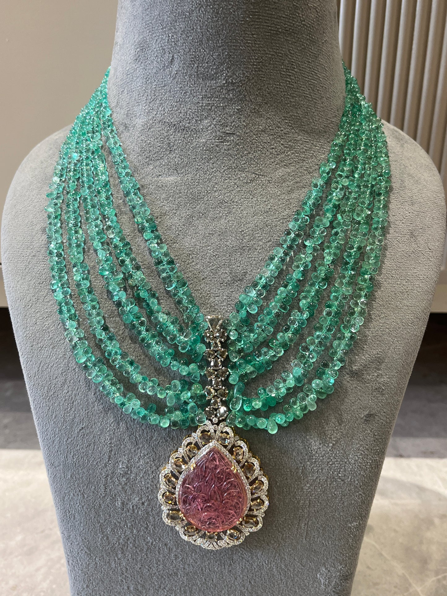 14K Gold Colombian Emerald, Tourmaline & Diamond Beaded Necklace