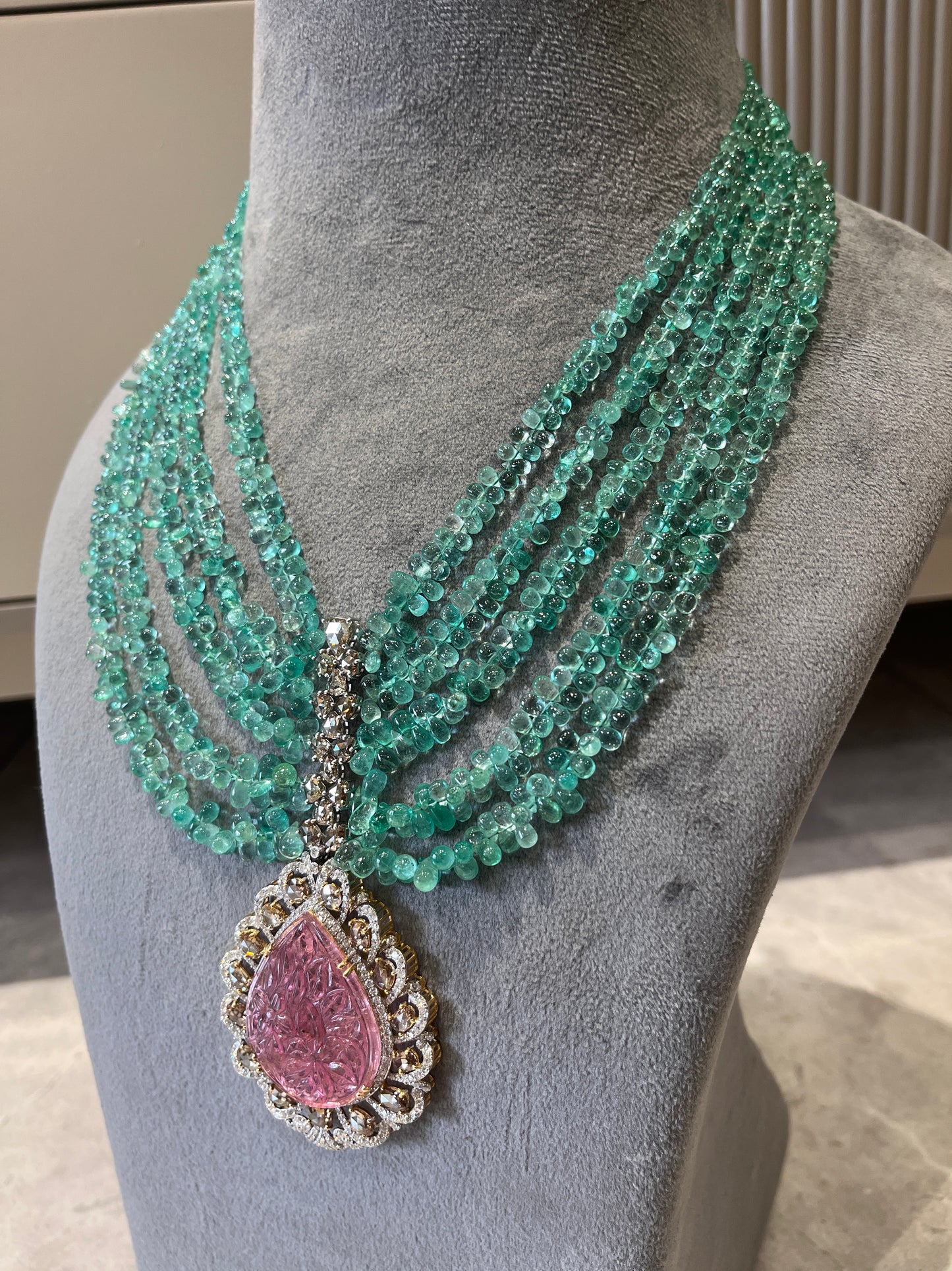 14K Gold Colombian Emerald, Tourmaline & Diamond Beaded Necklace
