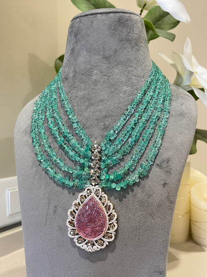 14K Gold Colombian Emerald, Tourmaline & Diamond Beaded Necklace