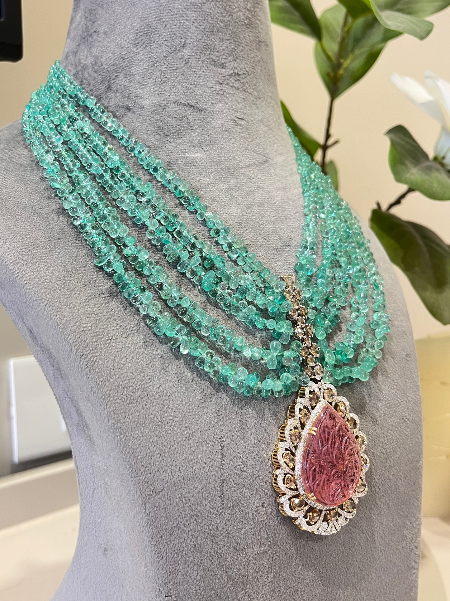 14K Gold Colombian Emerald, Tourmaline & Diamond Beaded Necklace