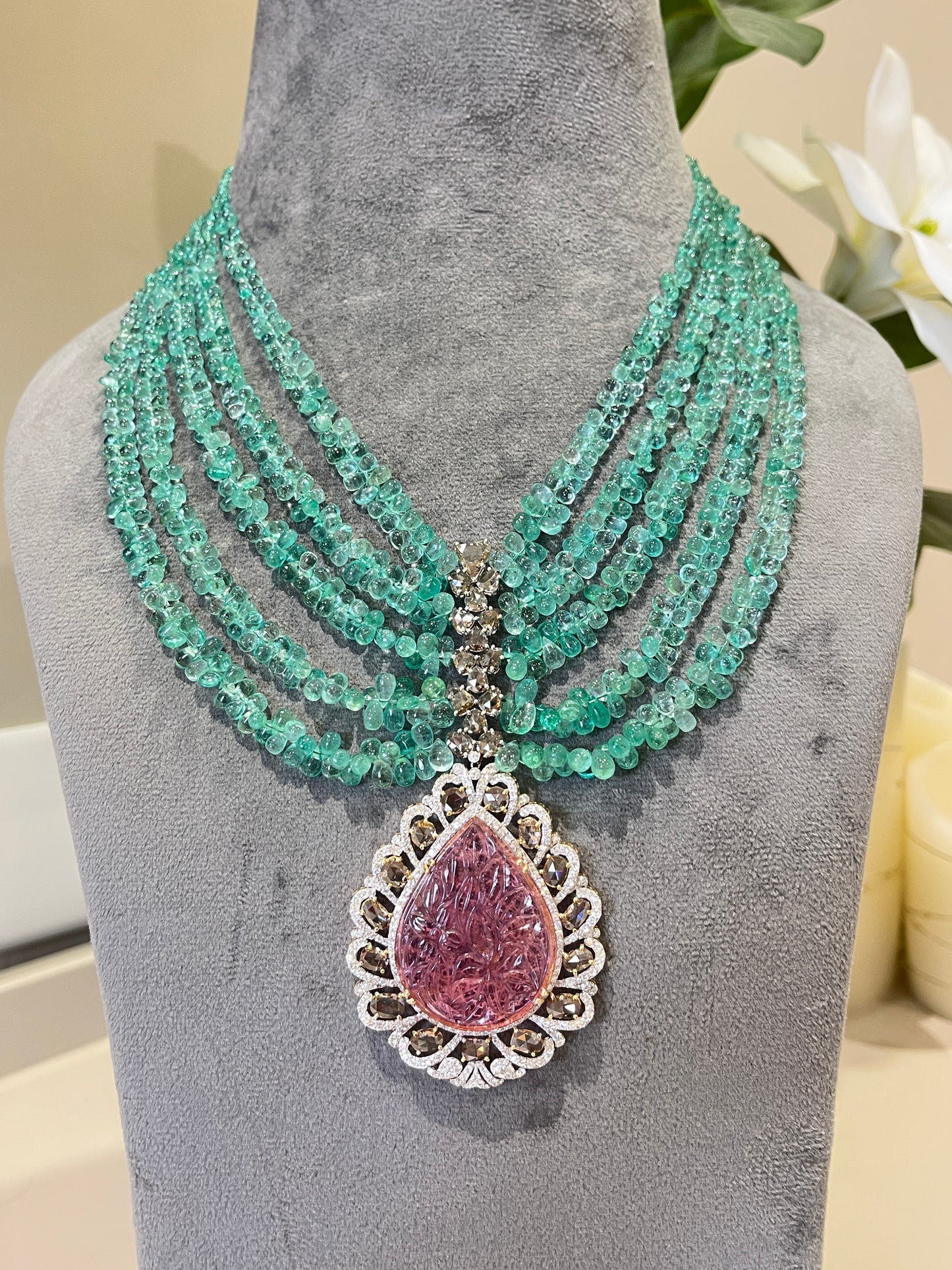 14K Gold Colombian Emerald, Tourmaline & Diamond Beaded Necklace
