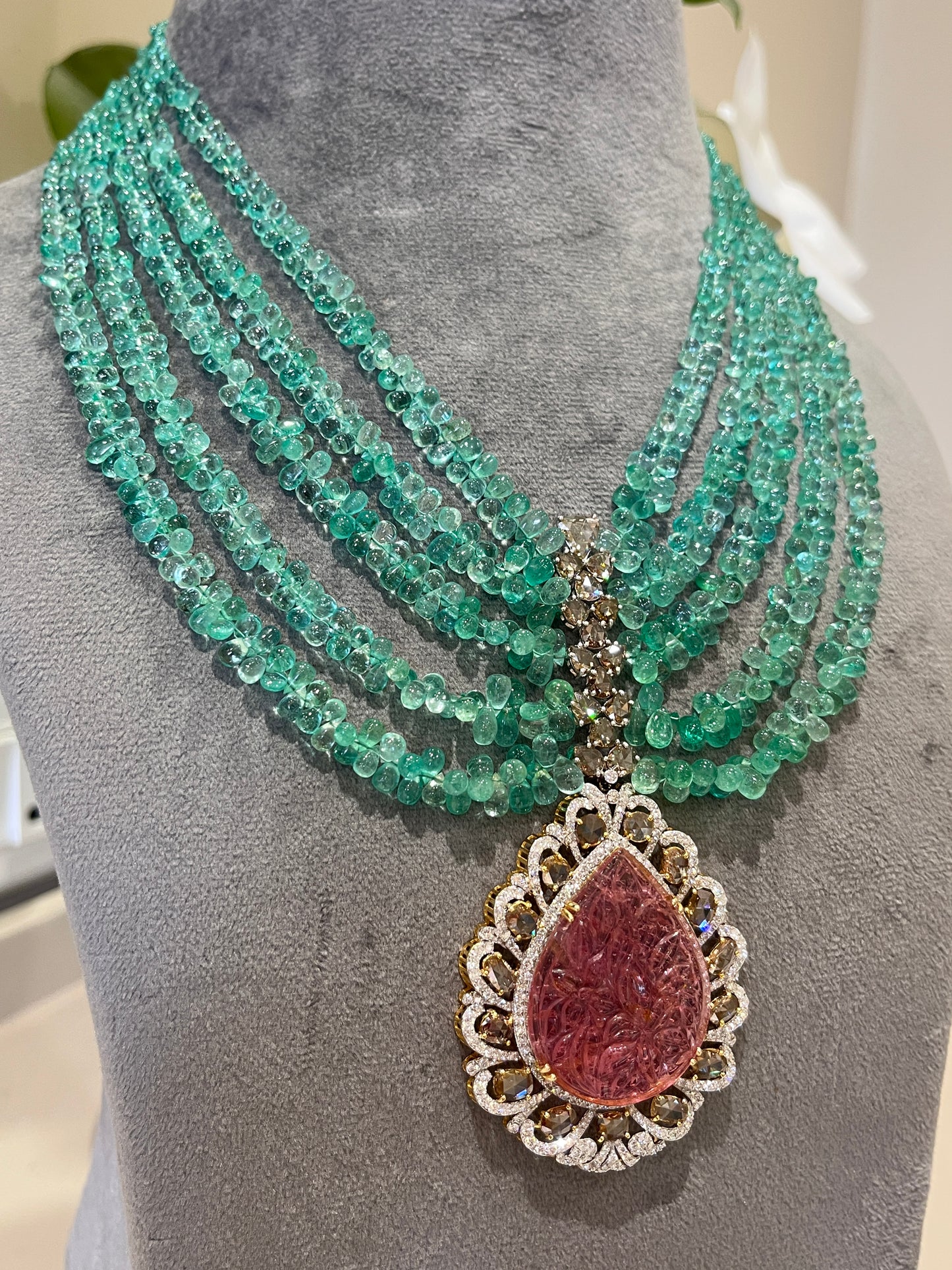 14K Gold Colombian Emerald, Tourmaline & Diamond Beaded Necklace