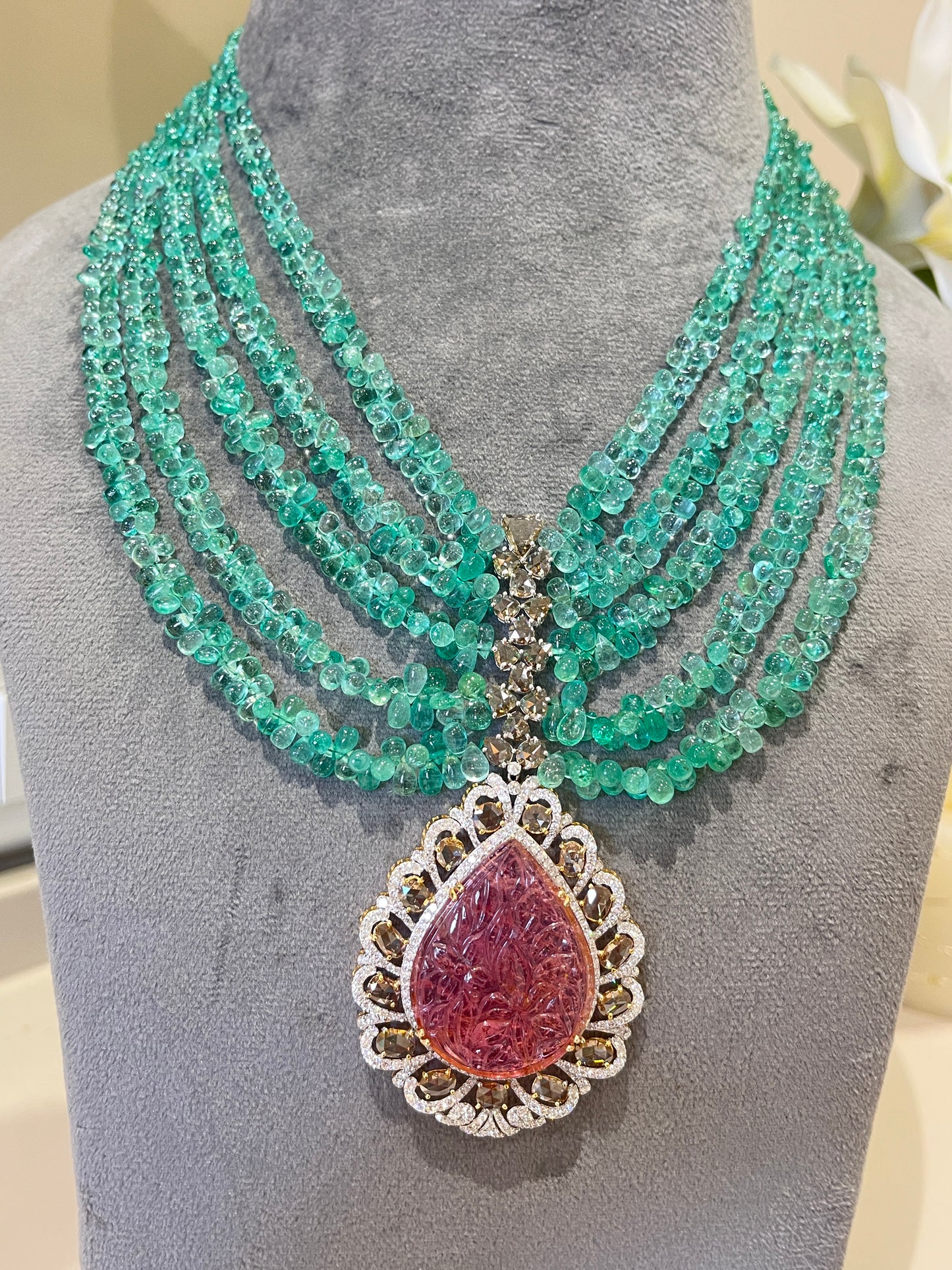 14K Gold Colombian Emerald, Tourmaline & Diamond Beaded Necklace
