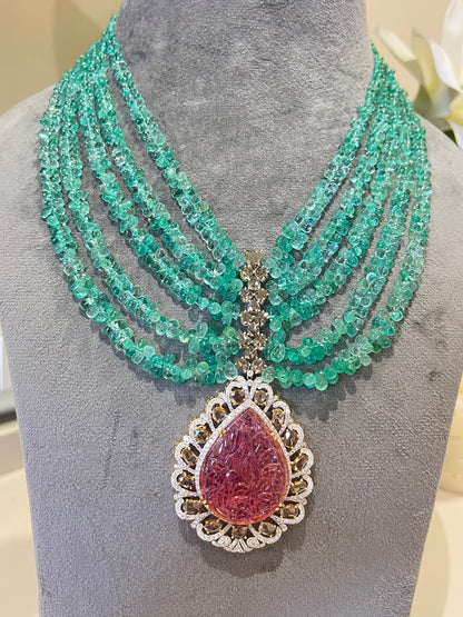 14K Gold Colombian Emerald, Tourmaline & Diamond Beaded Necklace