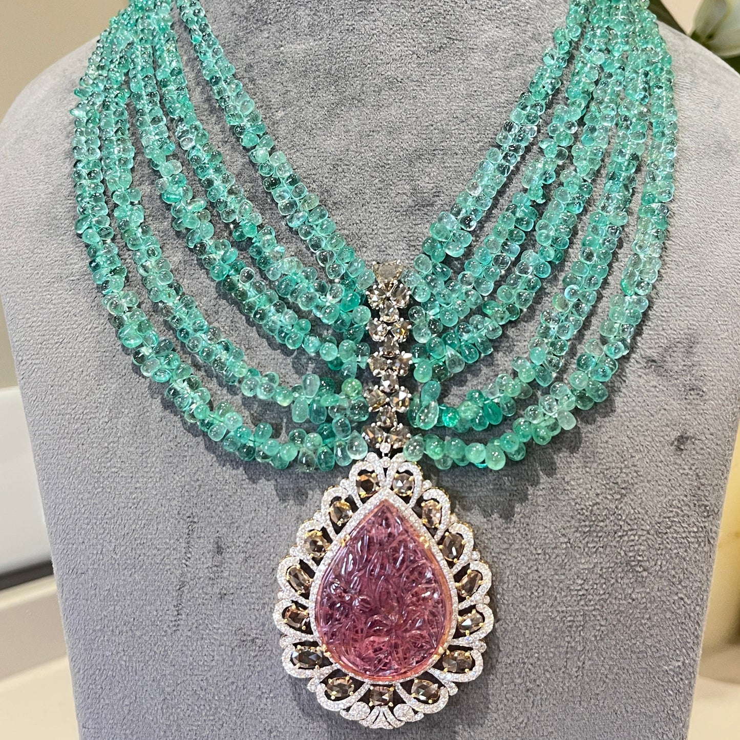 14K Gold Colombian Emerald, Tourmaline & Diamond Beaded Necklace