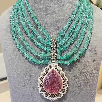 14K Gold Colombian Emerald, Tourmaline & Diamond Beaded Necklace