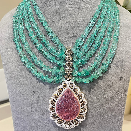 14K Gold Colombian Emerald, Tourmaline & Diamond Beaded Necklace