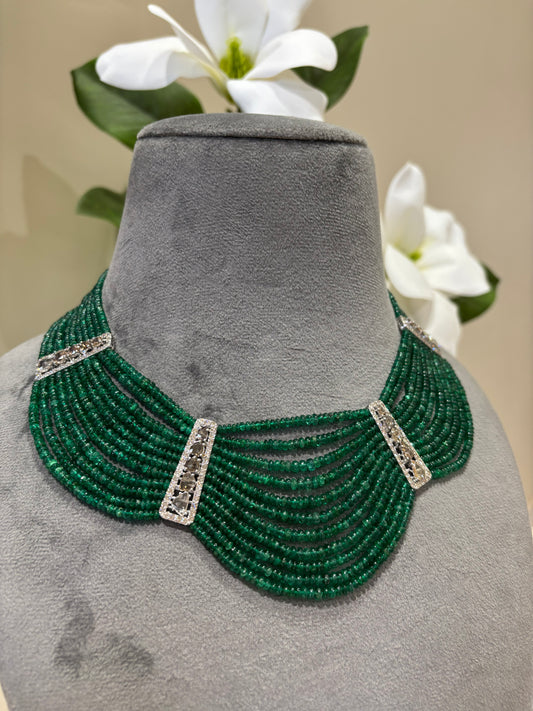 14k Gold Natural Diamond And Emerald Beads Layered Necklace