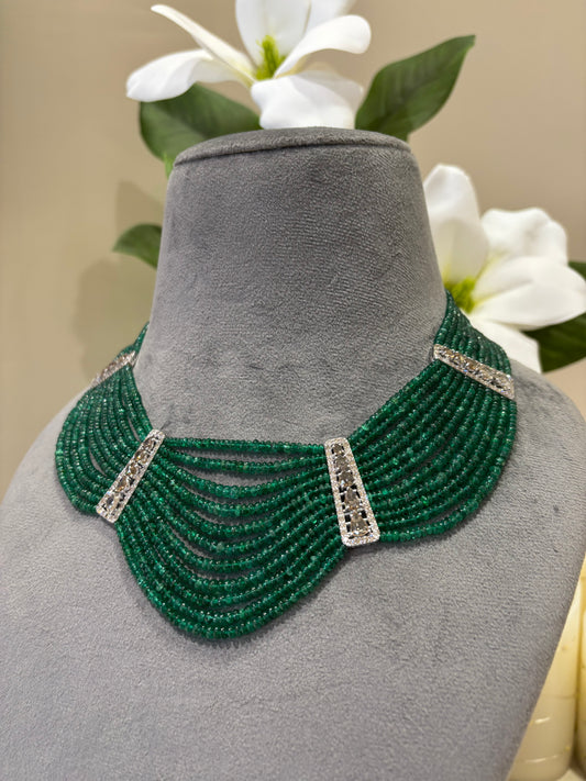 14k Gold Natural Diamond And Emerald Beads Layered Necklace
