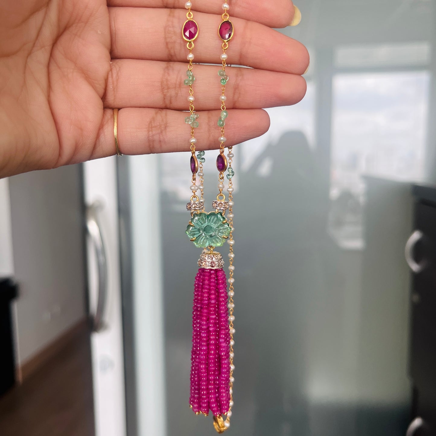 Emerald, Ruby & Diamond Beaded Tassel Necklace - 14K Gold Jewelry