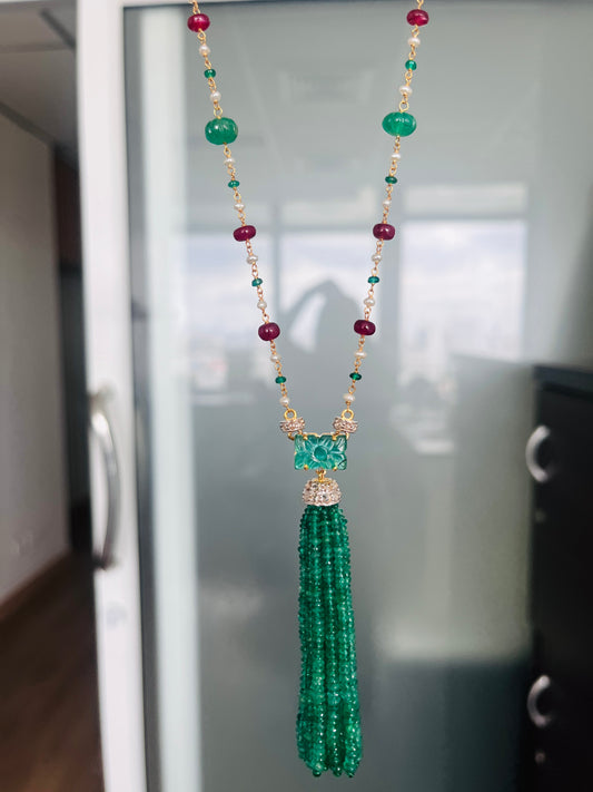 Emerald, Ruby & Diamond Beaded Tassel Necklace - 14K Gold Jewelry