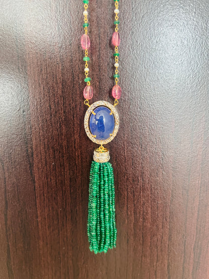 Emerald, Tanzanite & Diamond Beaded Tassel Necklace - 14K Gold Jewelry