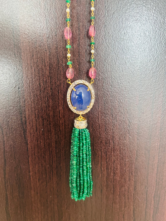 Emerald, Tanzanite & Diamond Beaded Tassel Necklace - 14K Gold Jewelry