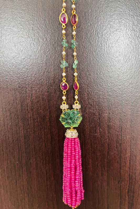 Emerald, Ruby & Diamond Beaded Tassel Necklace - 14K Gold Jewelry