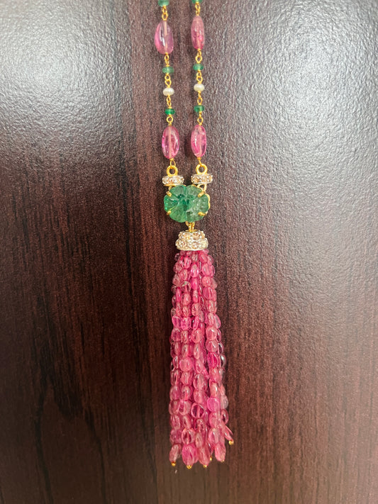 Pink Tourmaline, Emerald & Diamond Beaded Tassel Necklace - 14K Gold Jewelry