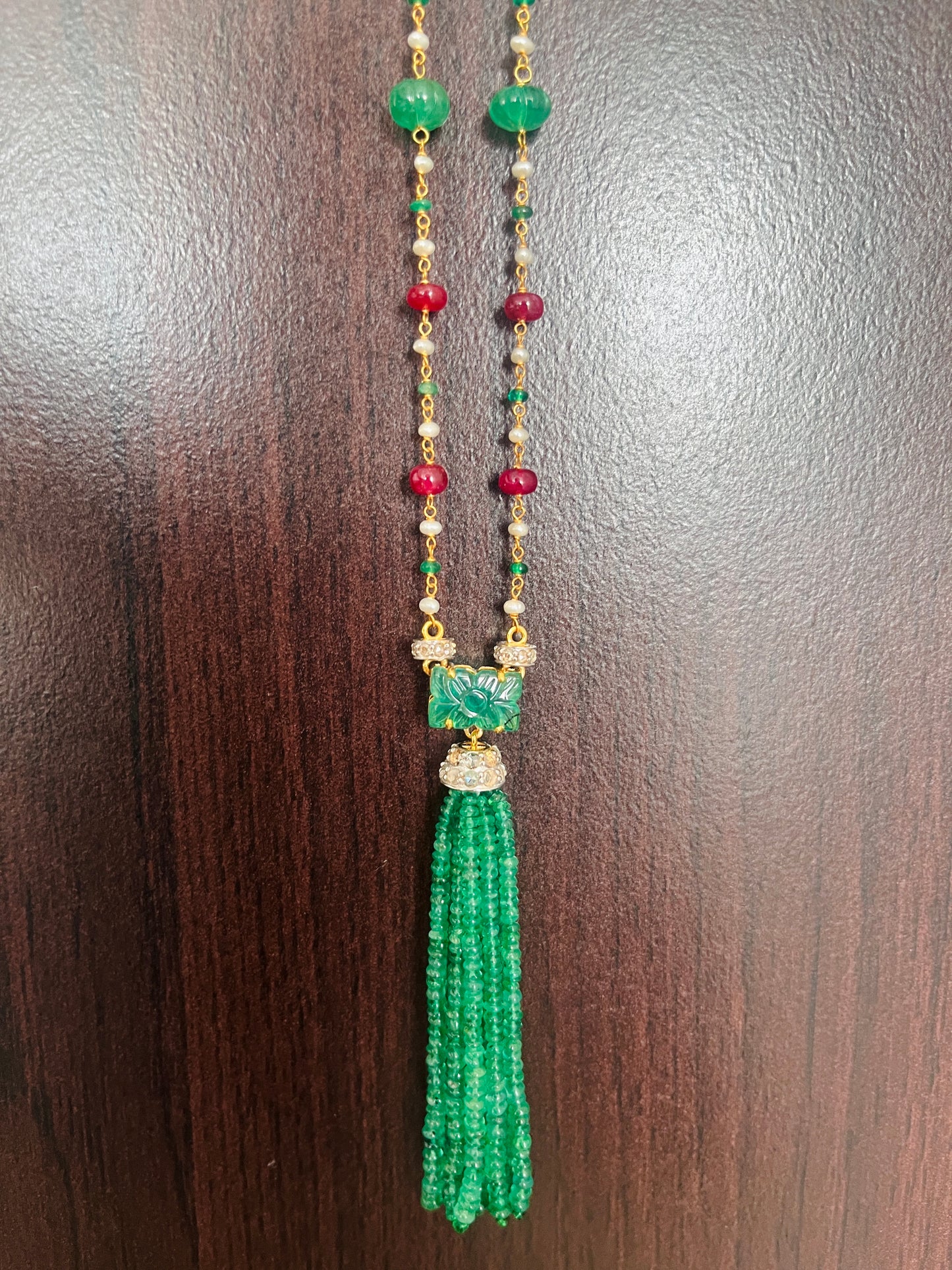 Emerald, Ruby & Diamond Beaded Tassel Necklace - 14K Gold Jewelry