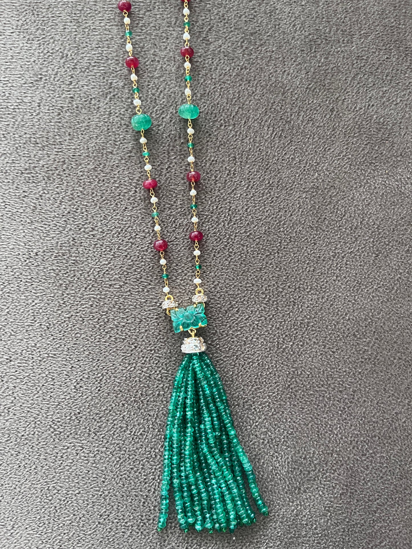 Emerald, Ruby & Diamond Beaded Tassel Necklace - 14K Gold Jewelry