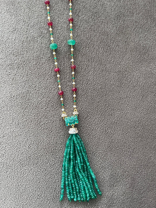 Emerald, Ruby & Diamond Beaded Tassel Necklace - 14K Gold Jewelry