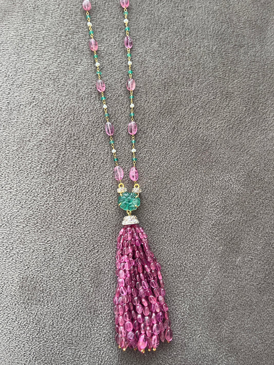 Pink Tourmaline, Emerald & Diamond Beaded Tassel Necklace - 14K Gold Jewelry