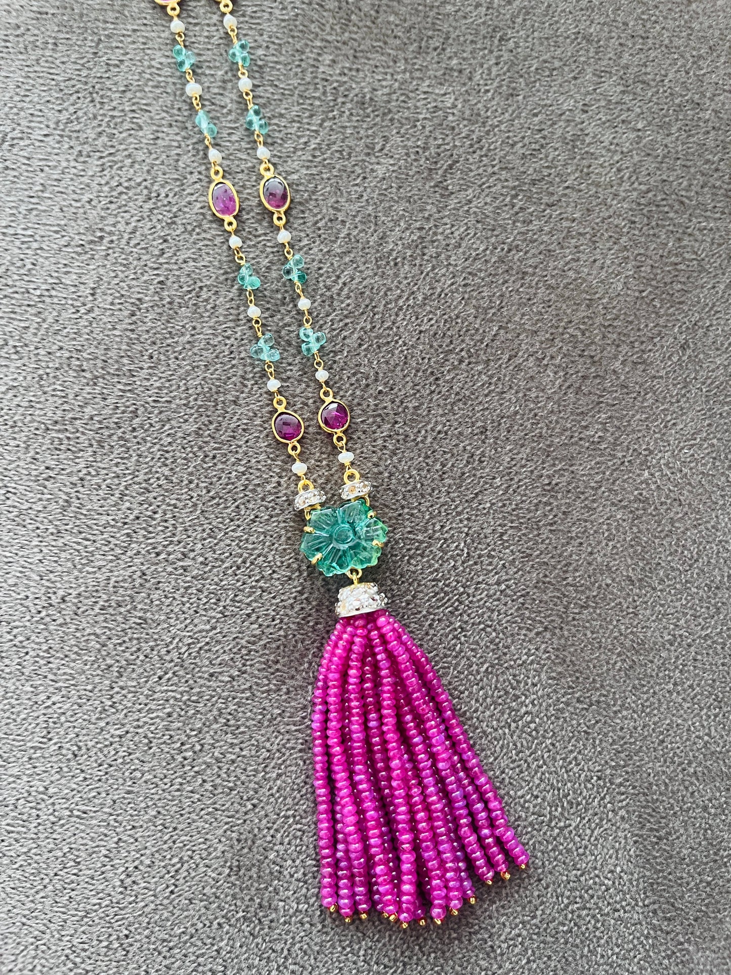 Emerald, Ruby & Diamond Beaded Tassel Necklace - 14K Gold Jewelry