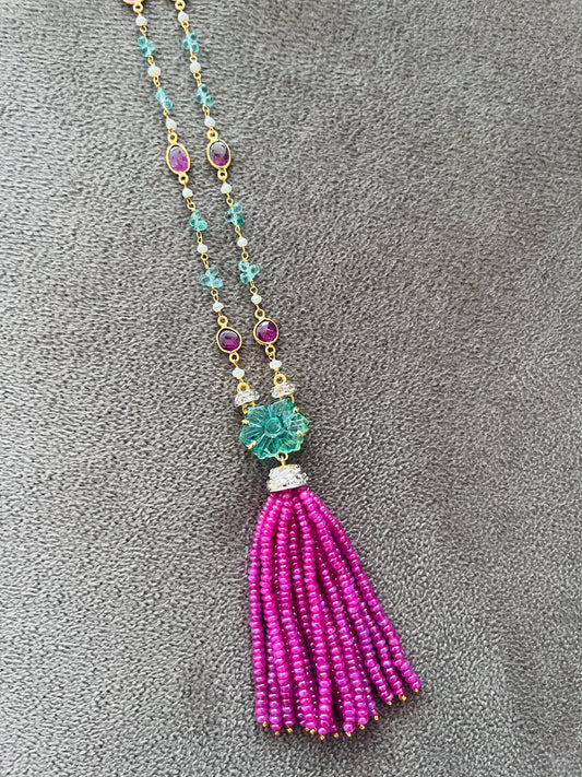 Emerald, Ruby & Diamond Beaded Tassel Necklace - 14K Gold Jewelry