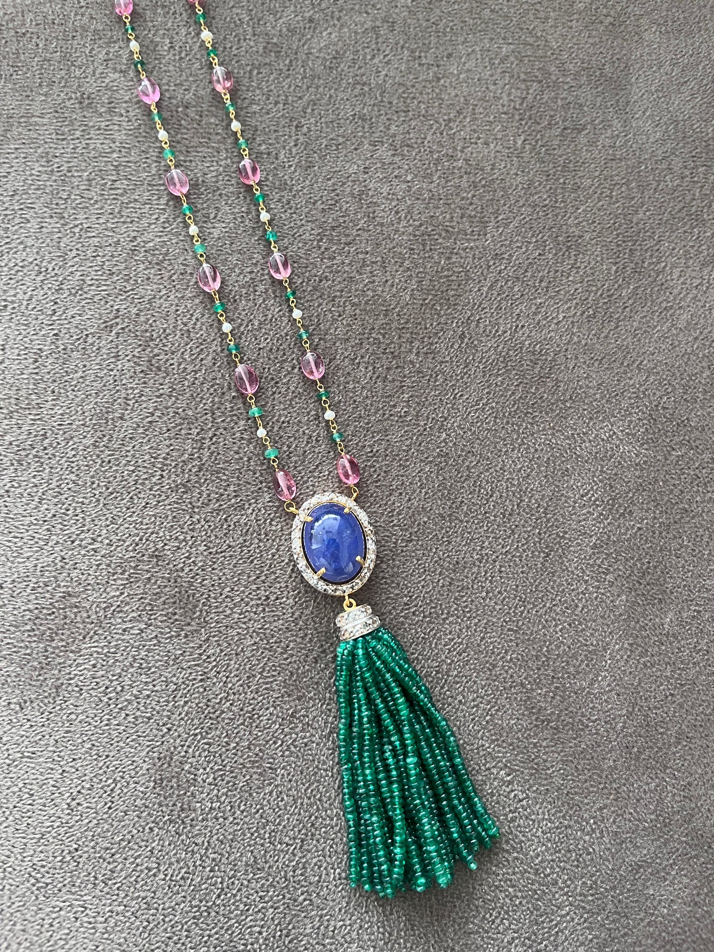 Emerald, Tanzanite & Diamond Beaded Tassel Necklace - 14K Gold Jewelry