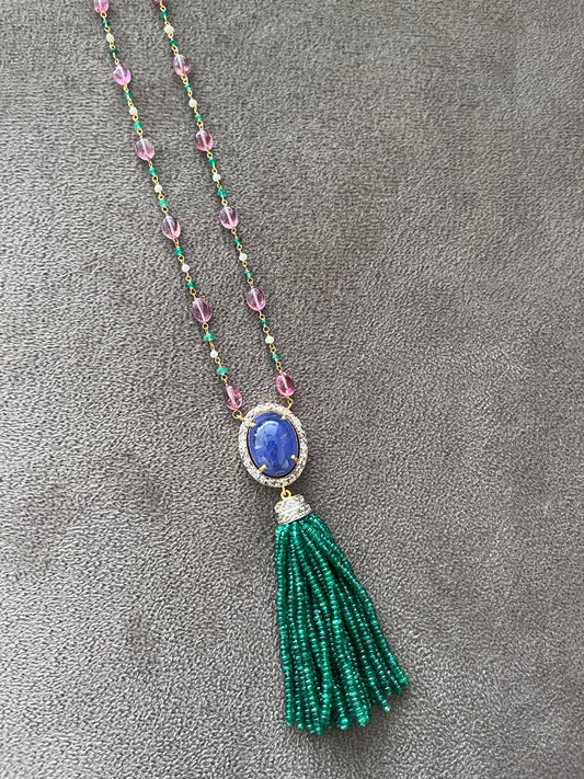 Emerald, Tanzanite & Diamond Beaded Tassel Necklace - 14K Gold Jewelry