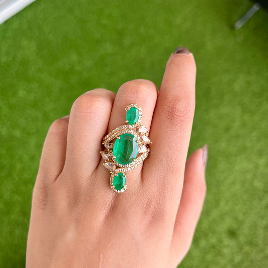 14k Gold Natural Zambian Emerald & Rose Cut Diamond Ring - 4.88 Carats Emerald, 2.06 Carats Diamond Victorian Ring